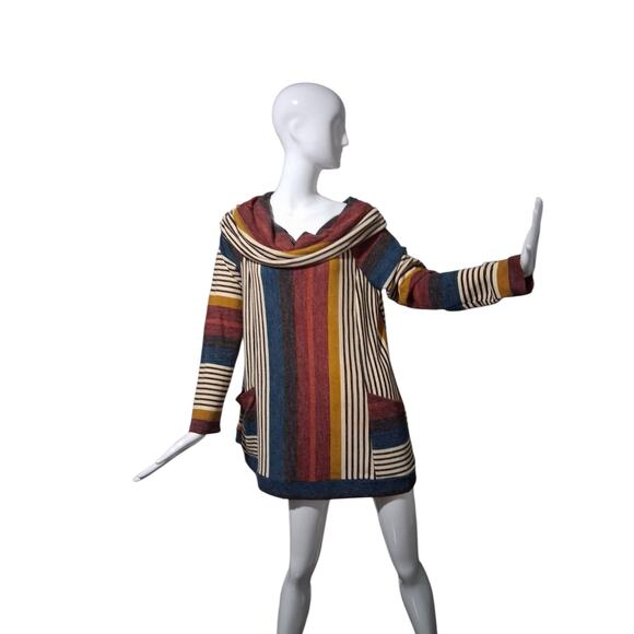 Y2K Vintage Young at Heart Women's size Large Cowl Neck Striped Pocket Tunic Top - Picture 4 of 12